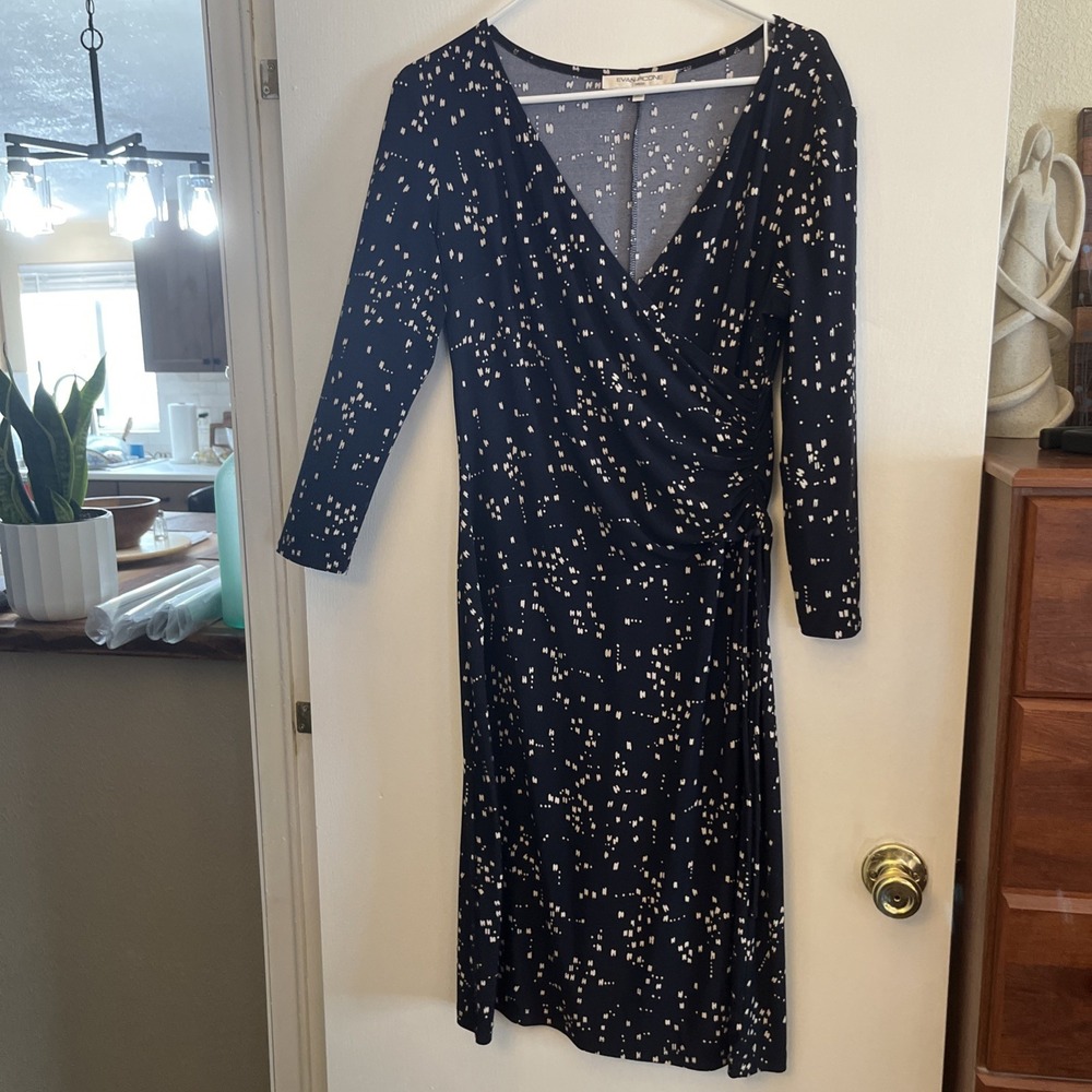 Evan-Picone  Faux Wrap Dress Navy Blue White Abstract Print 10